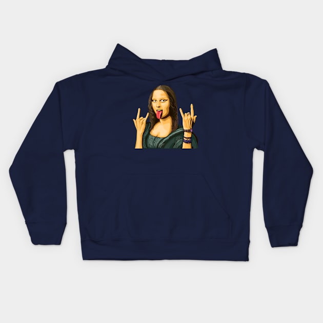 Mona Lisa rocks out - luxury painting no background - devil horns tongue out Kids Hoodie by SmerkinGherkin